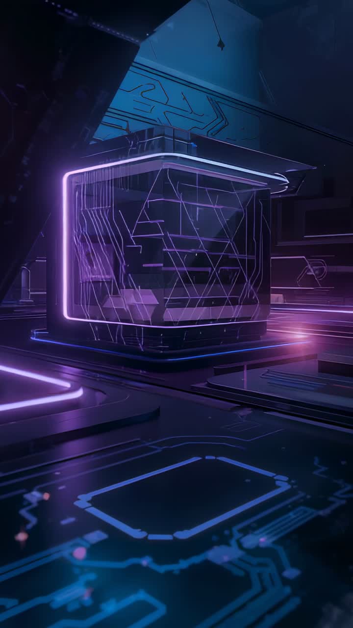 Vertical video: Pulsing base ring powering neon-framed cube lighting, tracing PCB traces in chamber