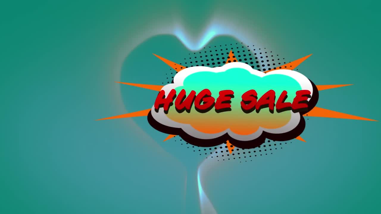 녹색 배경에 심장 모양의 디지털 파도에 대한 레트로 연설 거품에 대한 거대한 판매 텍스트