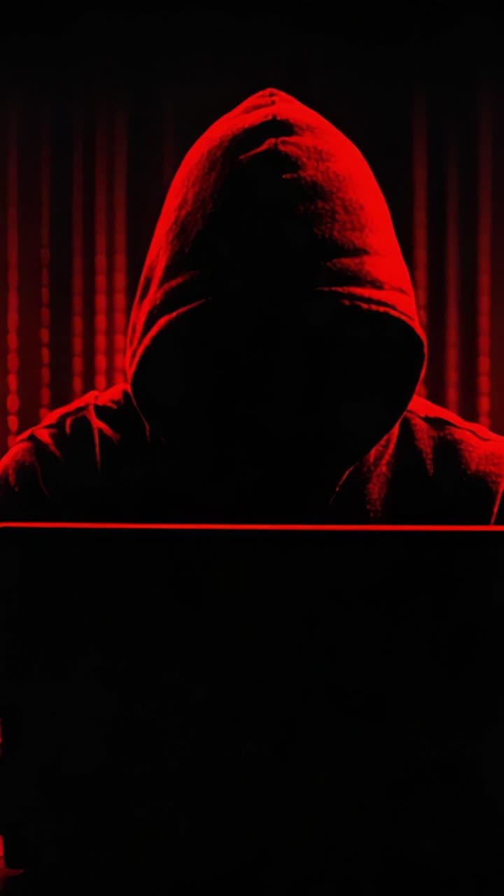 Una figura misteriosa con una felpa rossa con cappuccio impegnata in attività sospette, illuminata da uno schermo di computer luminoso su uno sfondo di codice binario