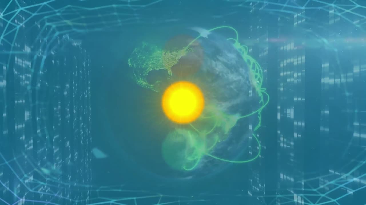 animación de semáforos y senderos de luz verde sobre el globo giratorio y pantallas de cuadrados de mosaico.