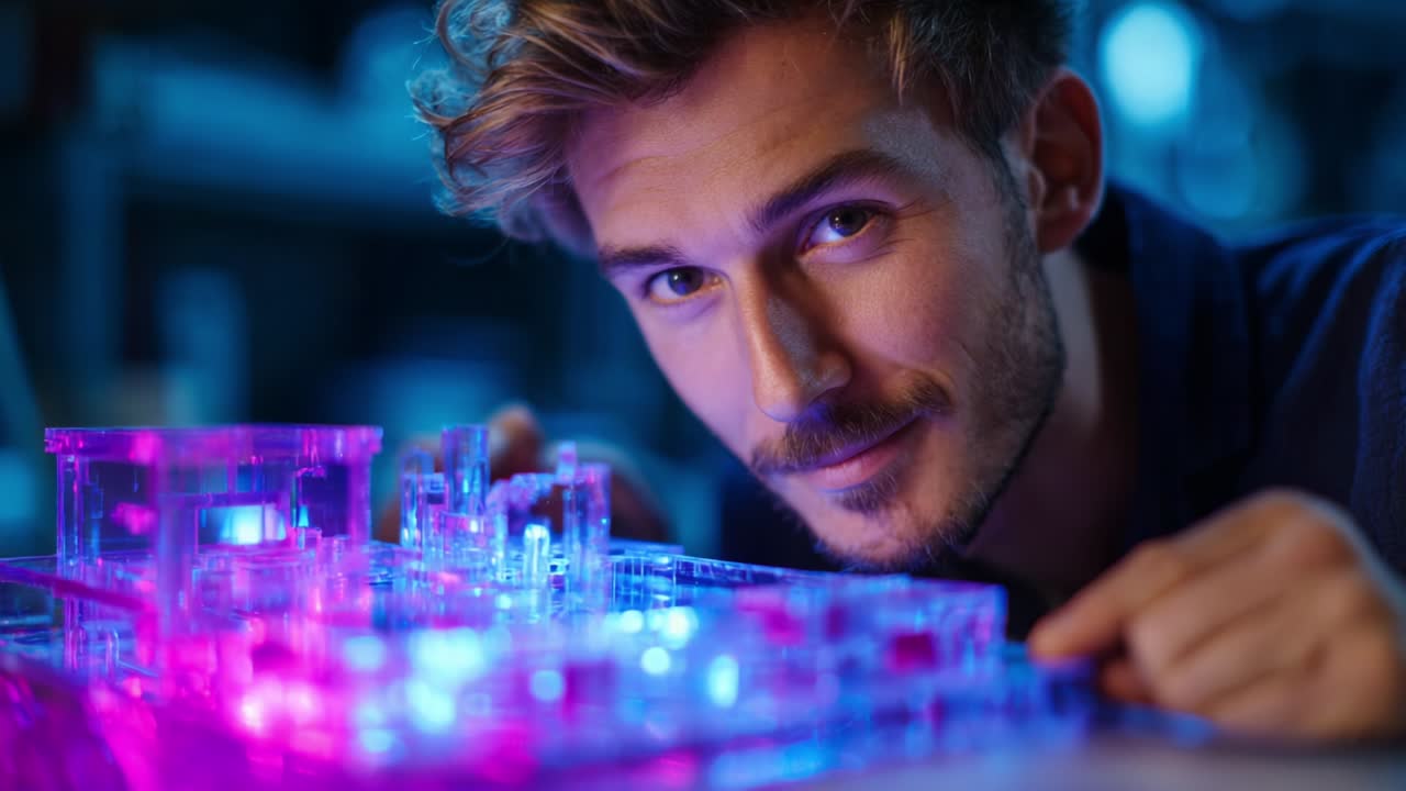 Um engenheiro criativo interagindo com um modelo transparente futurista iluminado em cores vibrantes, exibindo um design complexo e tecnologia inovadora em um ambiente de estúdio com pouca luz