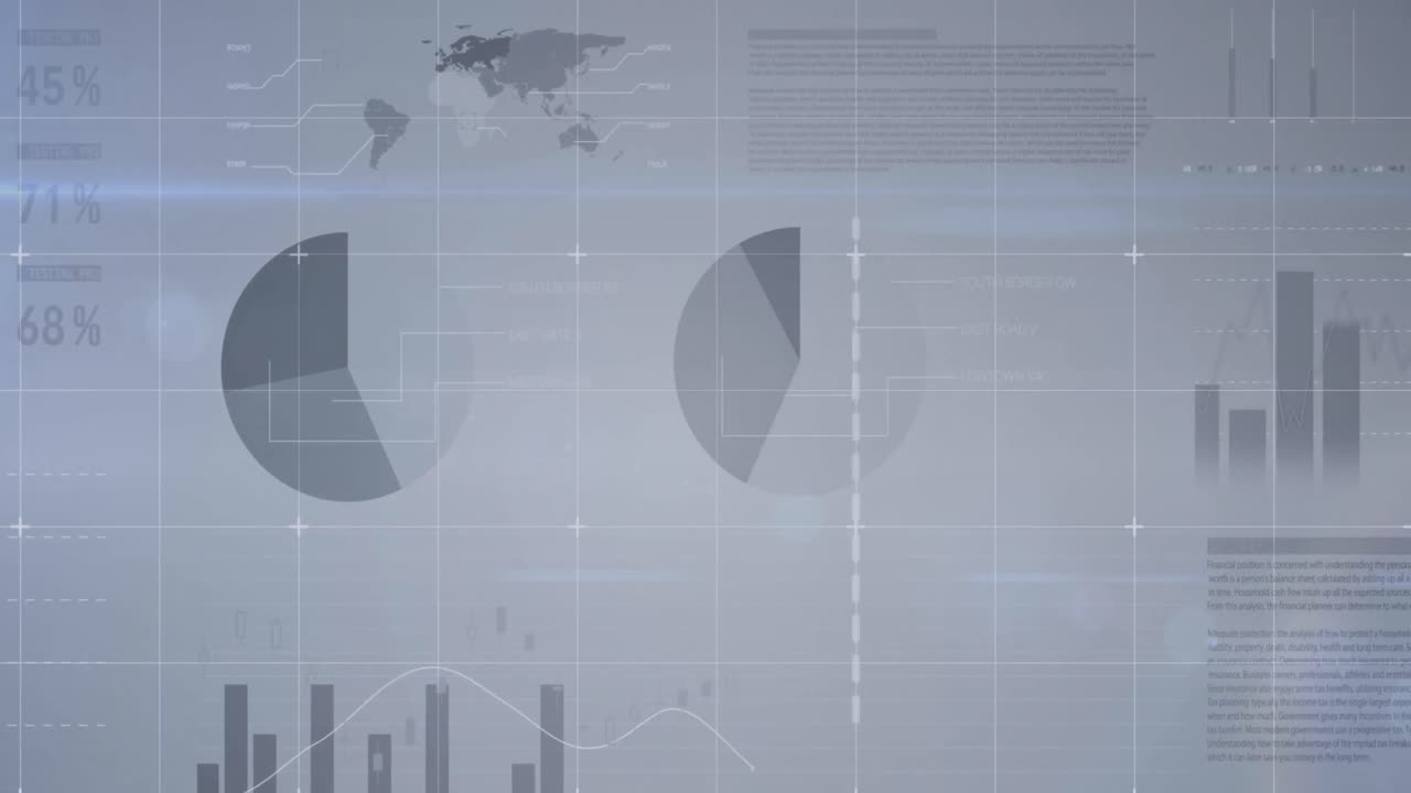 Animation of screens with statistical data processing over grid network against grey background