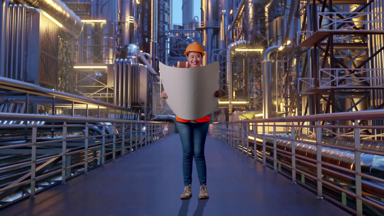 Full Body Of Asian Female Engineer With Safety Helmet Looking At Blueprint In Her Hands While Standing At A Vast Oil Refinery