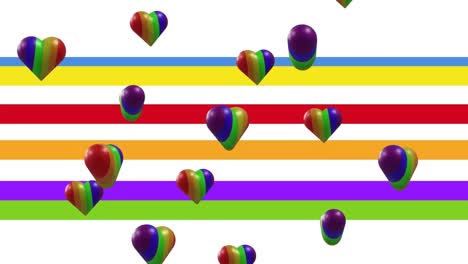 Animation-of-rainbow-hearts-over-colorful-stripes-on-white-background