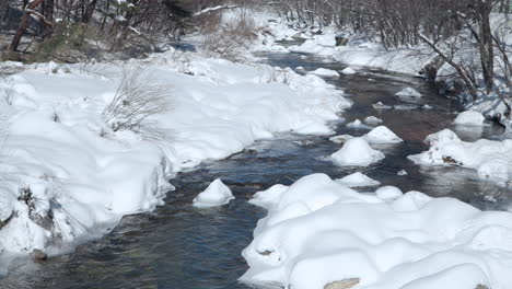 winding mountain river in a snow capped forest in winter - parallax shot