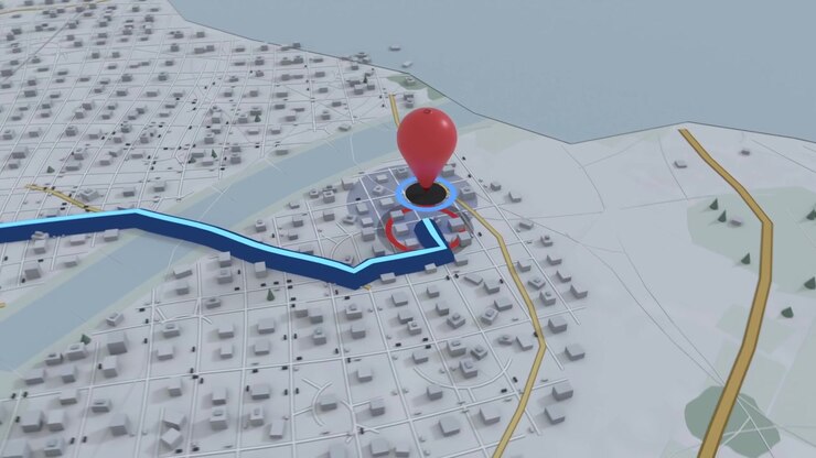 Starting map animation, red balloon pin growing as blue route tracing toward coast, showing arrival