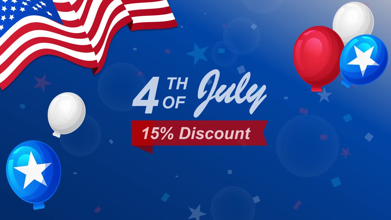 4th July Greetings for 15% Discount at a Store with American Flag, Fireworks, and Balloons