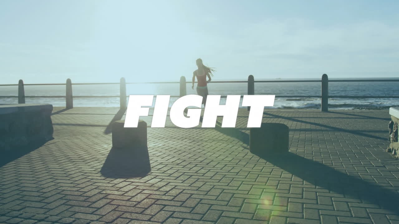 해변 산책로를 따라 달리는 텍스트 애니메이션 장면에 대한 싸움