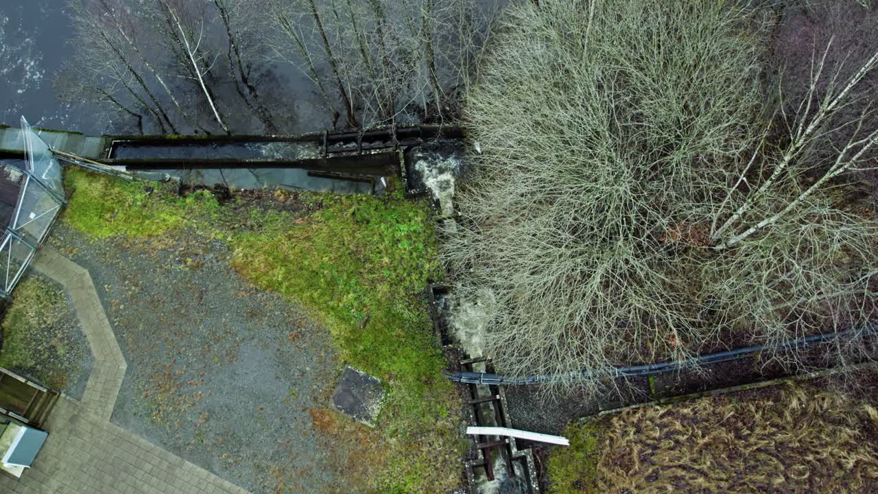 Aerial view of fish ladder at Jonsered Hydropower, Sweden's serene nature