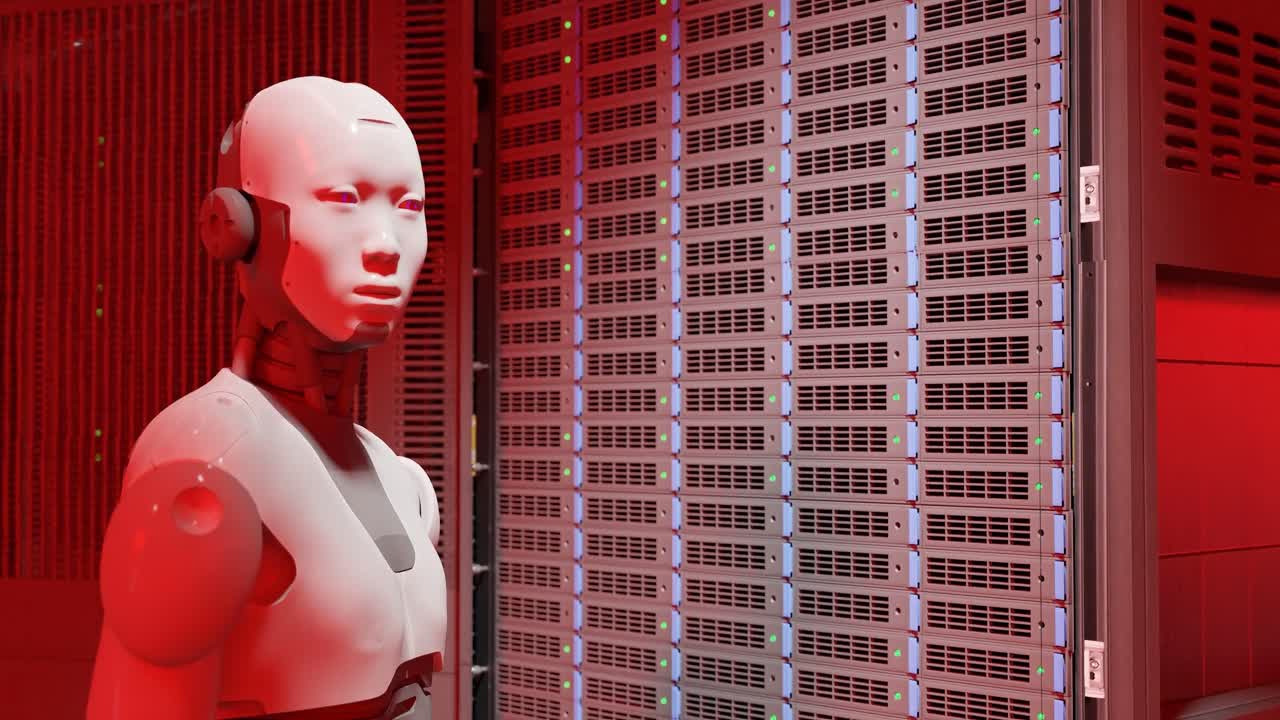 prototipo de robot cyborg humanoide en el servidor internet sala de alta tecnología con alerta de alarma de luz roja, inteligencia artificial tomando el control en 3d renderización animación guerra de ciberseguridad