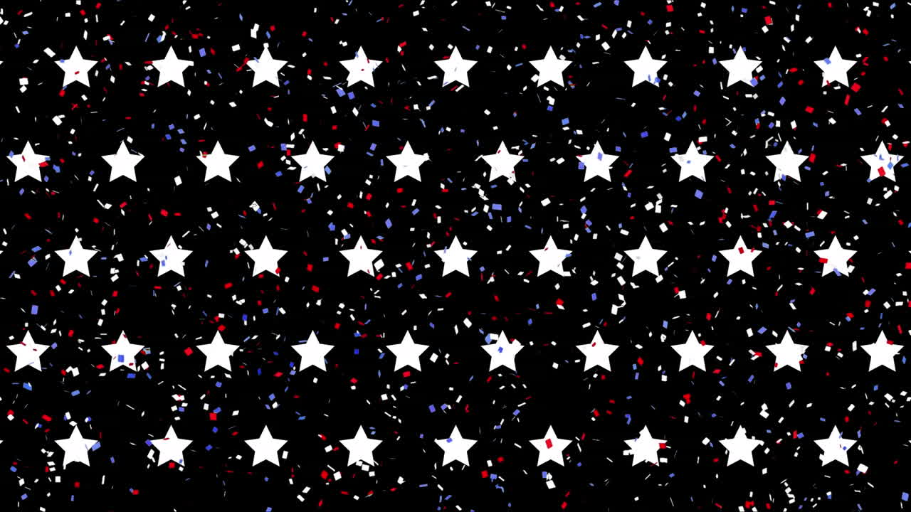 animación de estrellas blancas y confeti sobre fondo negro