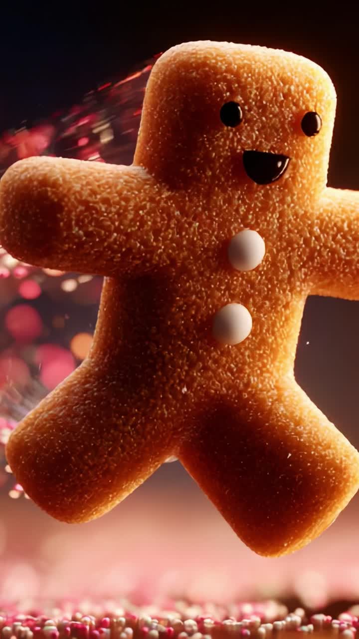 A delightful and playful gingerbread character leaps joyfully through a vibrant setting, showcasing its smile and festive charm, embodying the spirit of holiday cheer and seasonal treats in every detail