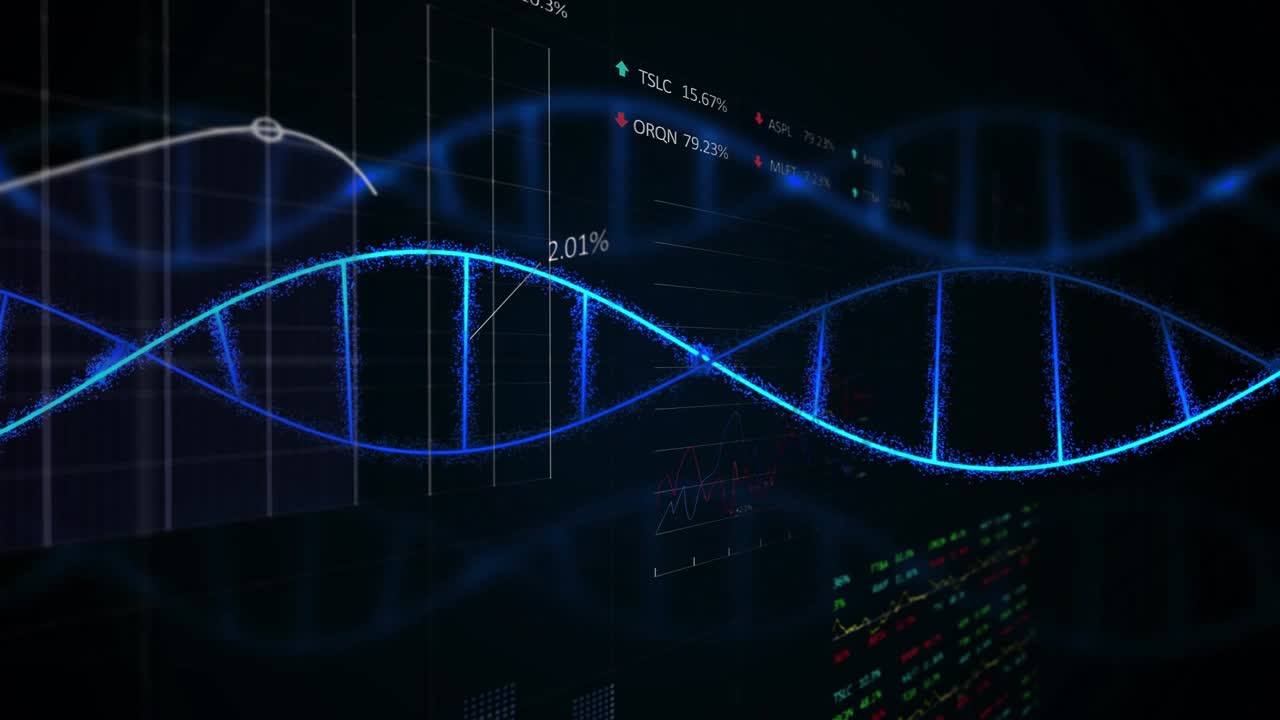 Glowing 3D blue DNA helix twisting across grid backdrop showing floating data points and labels