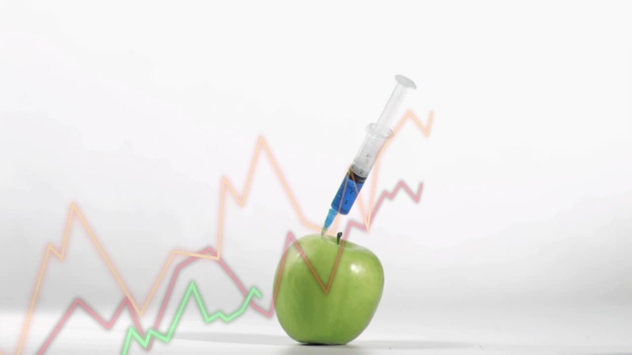 Syringe descending and injecting blue liquid into green apple, graphs rising to show test data