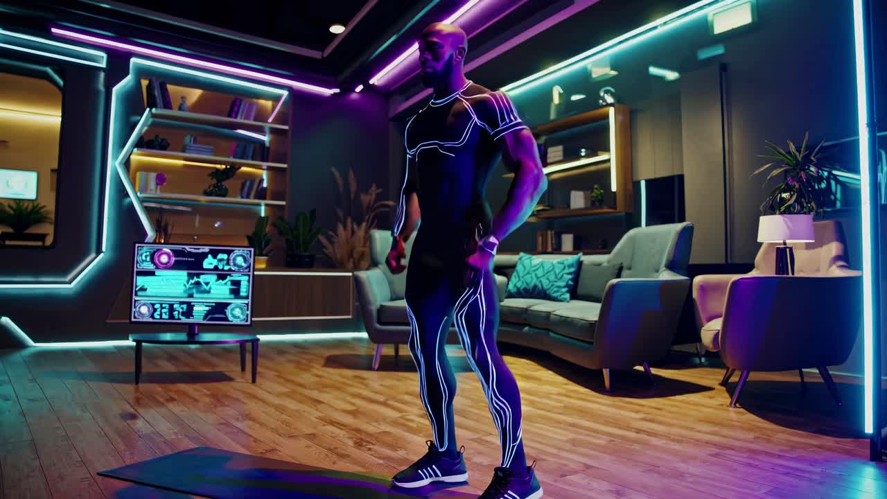 Man doing a virtual home workout in a futuristic living room