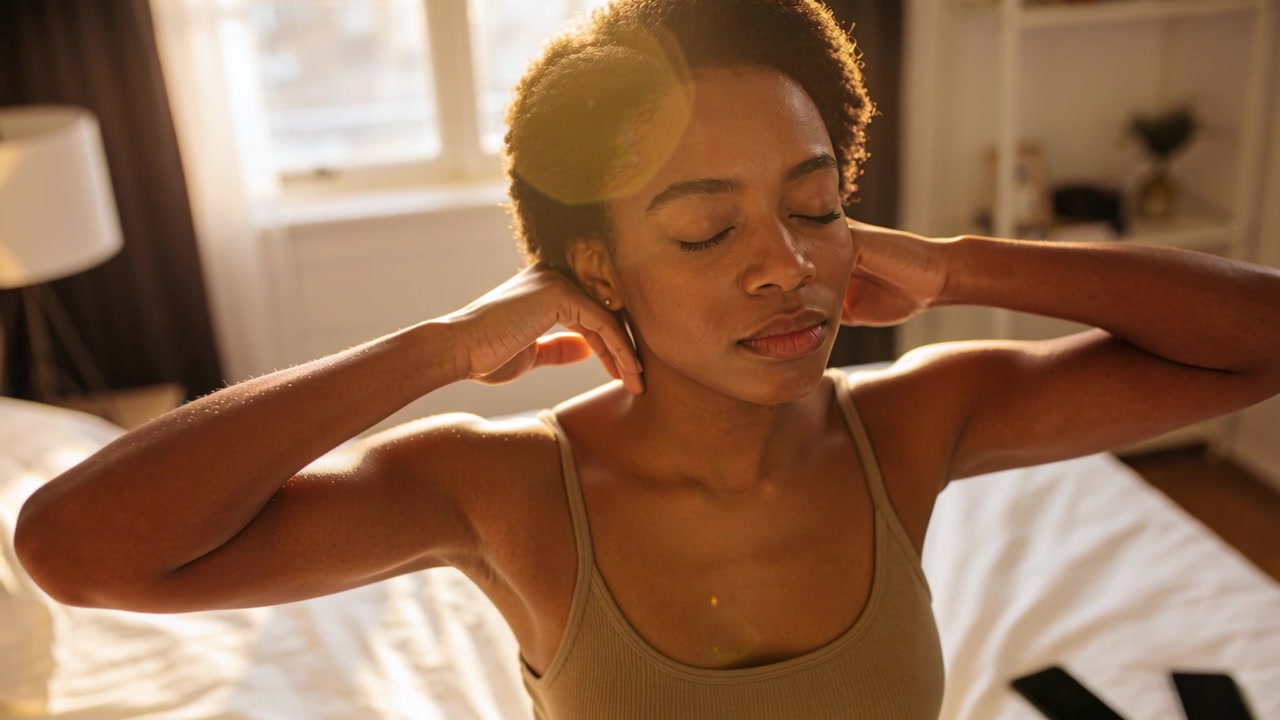 Luce del sole dalla finestra mentre una donna seduta si stiracchia e si massaggia il collo sul letto, con uno smartphone lì vicino.