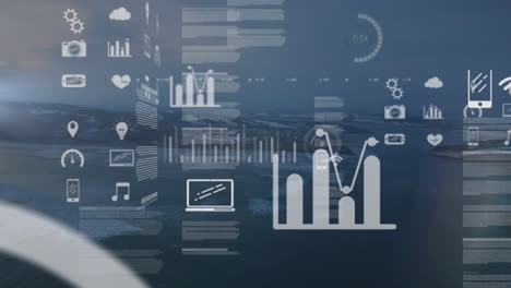 animation of data processing and stock market over landscape