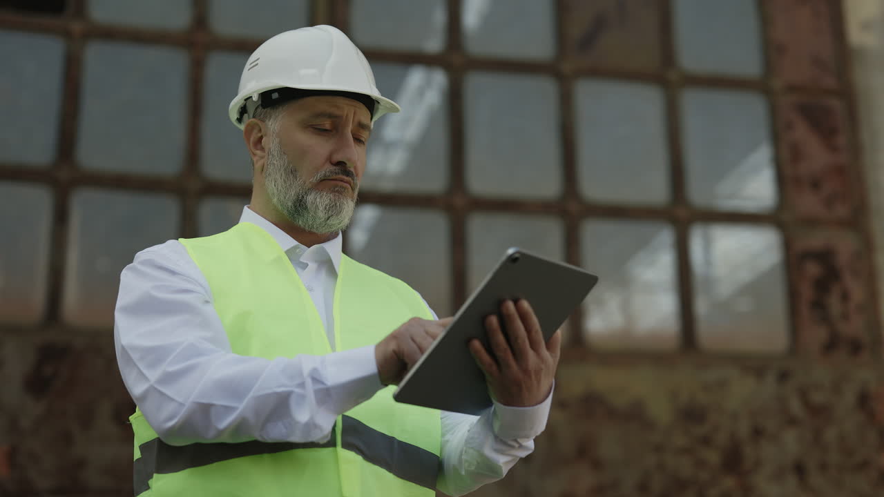 Engineer using tablet in an industrial setting