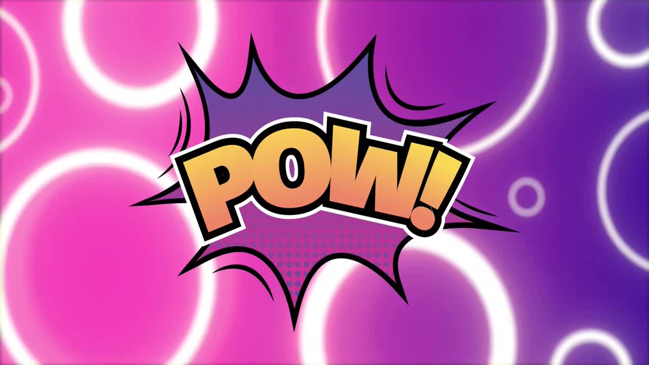 Animation af farverig "pow" tekst over tegneserieform over flydende neoncirkler på lilla baggrund