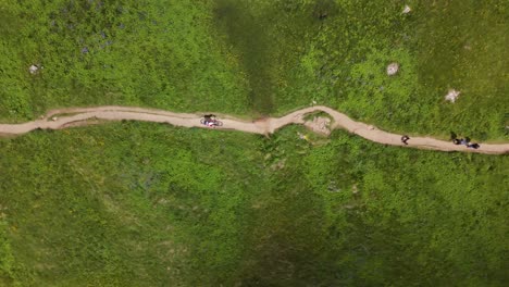 top-down aerial shot of a cyclist riding on a winding dirt trail surrounded by lush green vegetation and rocks