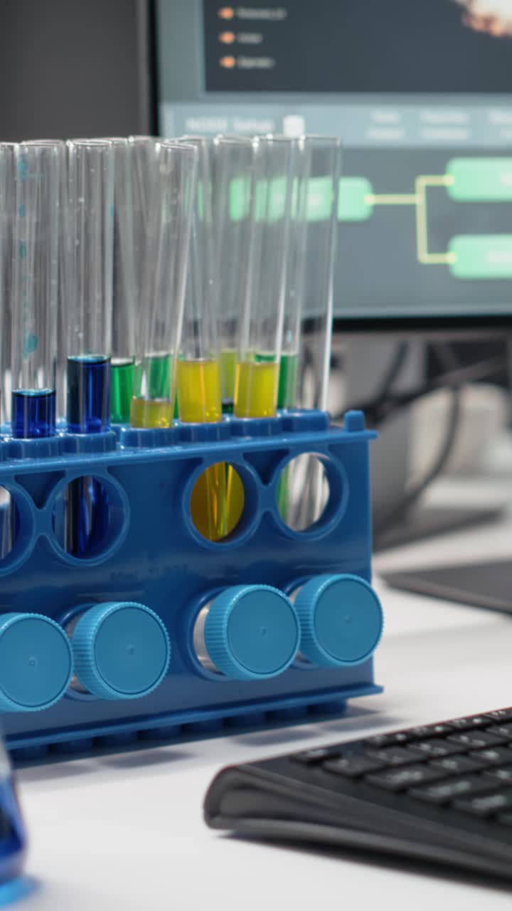 Vertical video Close up of colorful chemical solutions inside scientific flasks