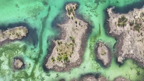 vista aérea de arriba hacia abajo, patrones abstractos en un lago alpino con una pequeña isla, toma de dron de alto ángulo