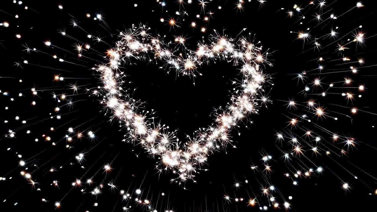 Aerial view of a heart-shaped firework explosion in a night sky, captured in a dynamic, vibrant