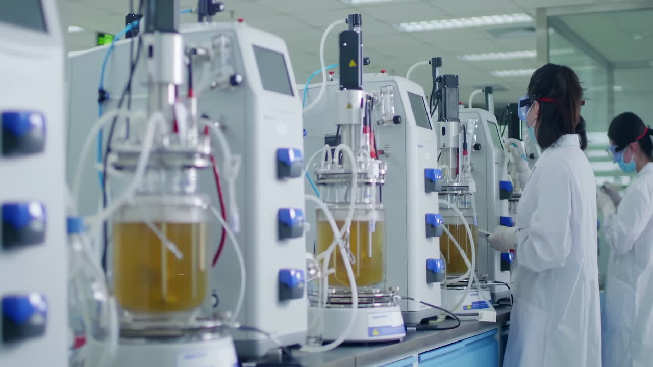 Professional female scientists wearing lab coat, safety gloves goggles, conducting biological experiment and taking notes clipboard while working at laboratory cleanroom environmental facility setting