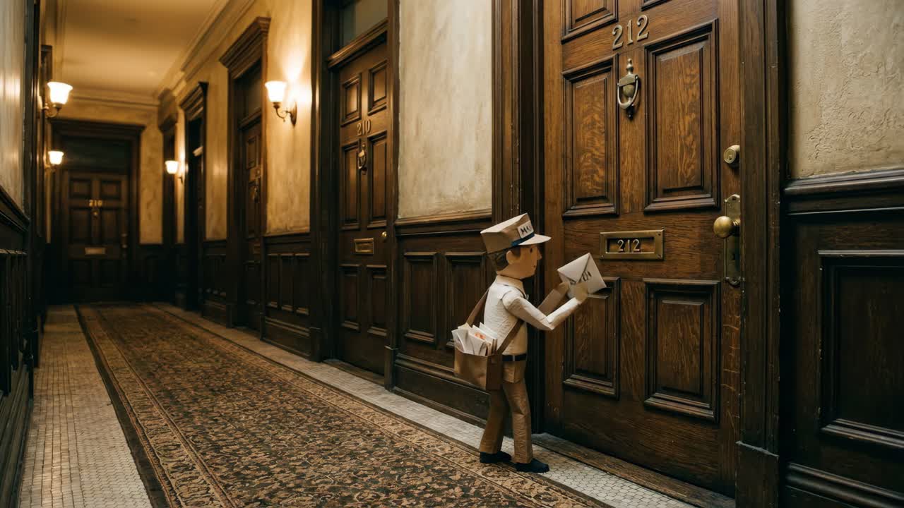Animated Paper Mailman Delivering Letter to Apartment Door