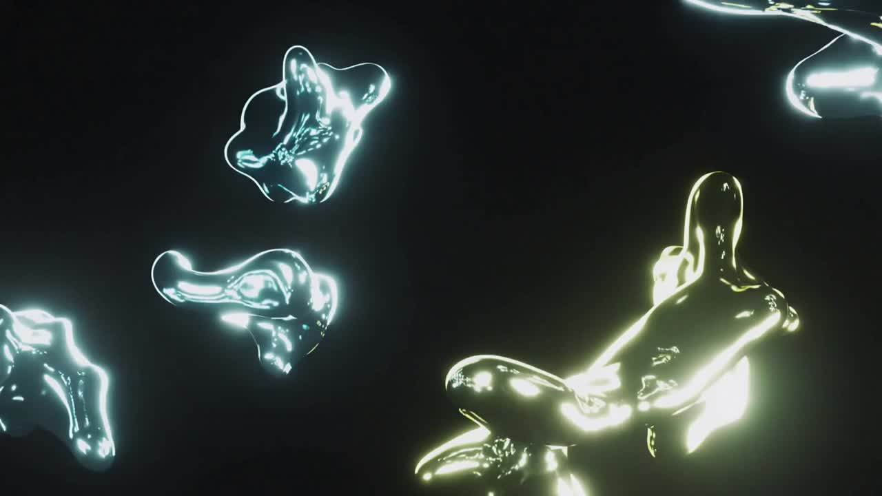 Panning camera, silver-gold-copper blobs stretching, merging in CGI void, with droplets spraying