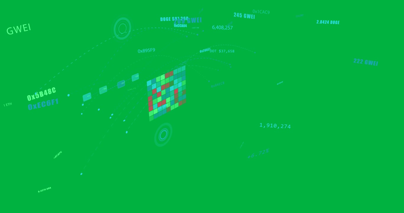 Viewpoint rotating up, HUD shifting tiled matrix, arcs and nodes converging, showing data flow