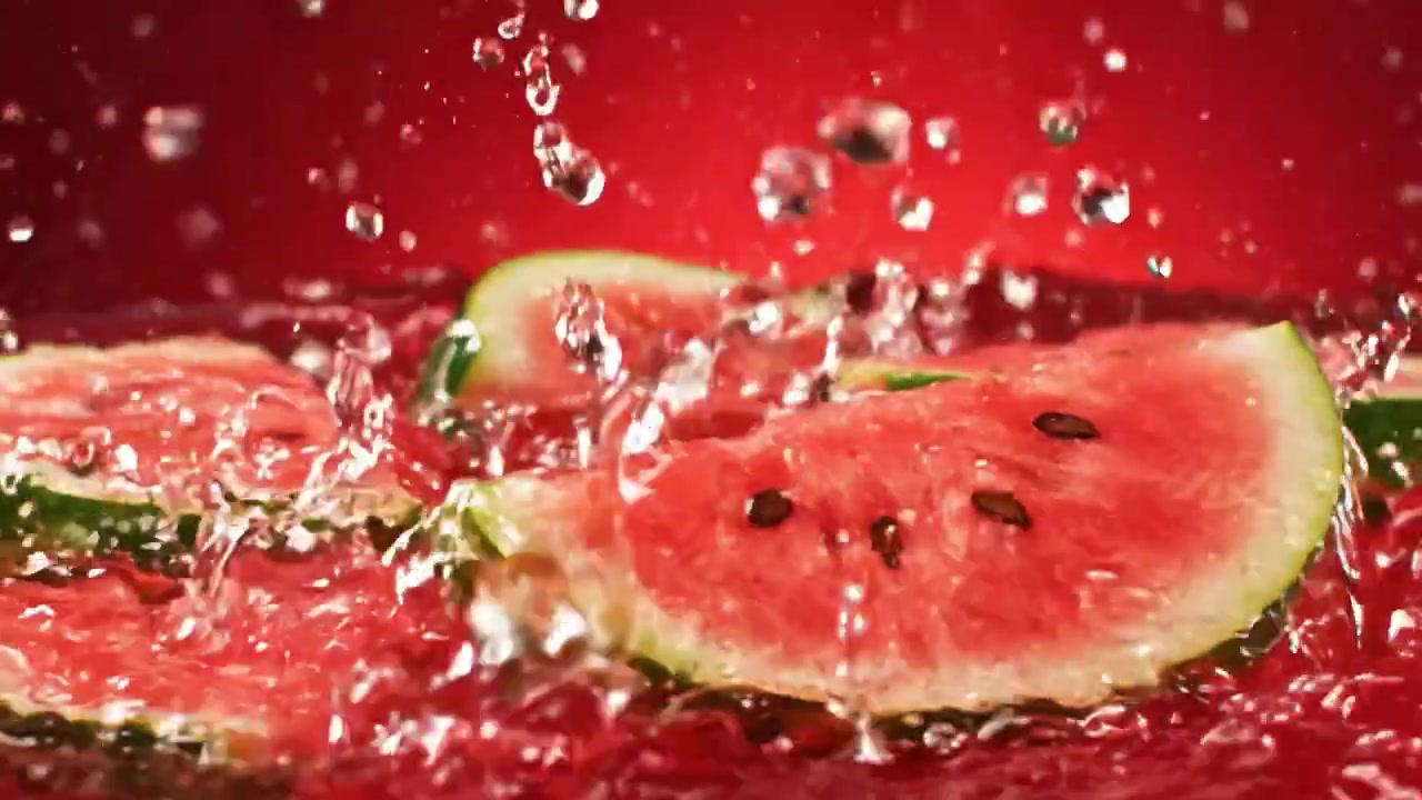 En fengslende reise med fersk vannmelon: Fra skiver som spruter vann til vakkert arrangerte biter på en reflekterende overflate.