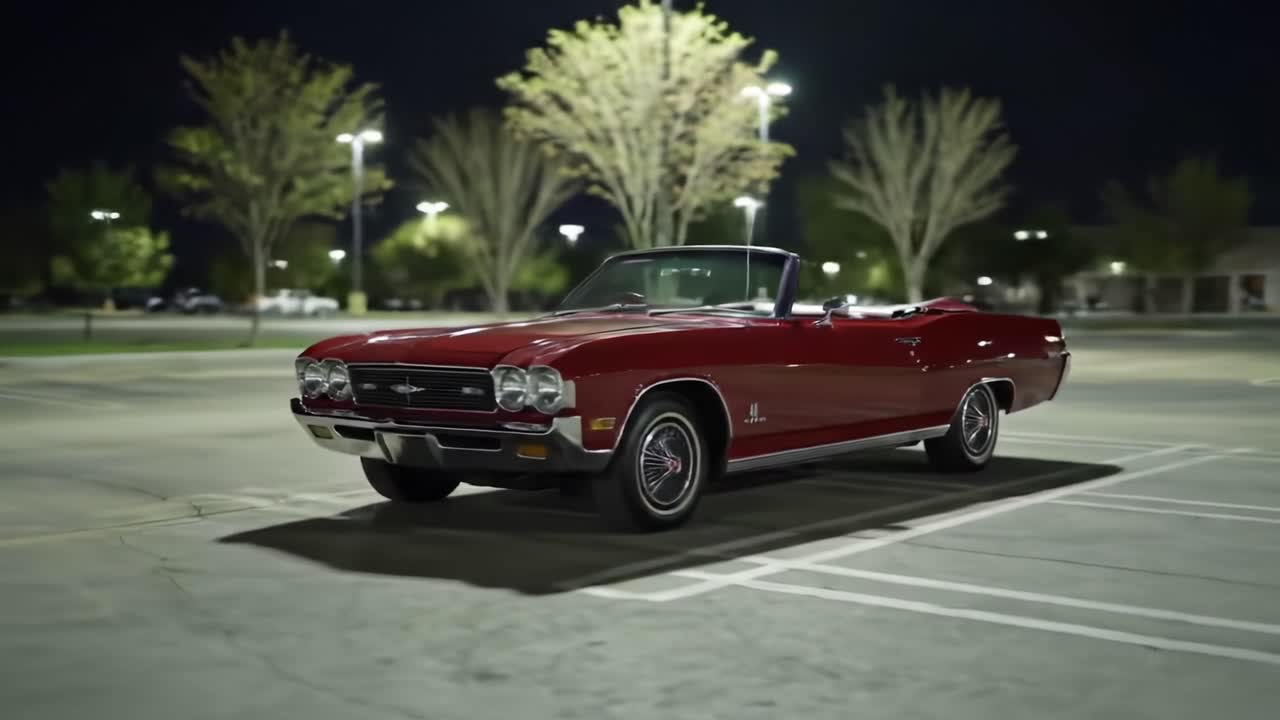A Glimpsed Journey Through Time: Stunning Red Convertible Car in an Empty Night Parking Lot Showcases Classic Automotive Design and Beauty with Its Sleek Lines and Retro Charm
