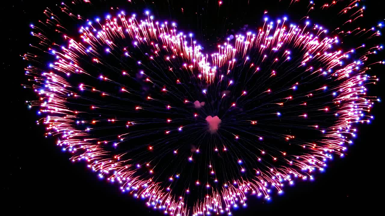 Aerial view of heart-shaped fireworks exploding against a dark sky, captured in a vibrant