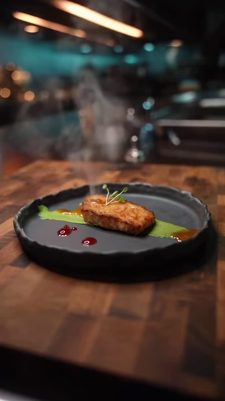 Close-up video of a hand painting green on a plate, shot from a low angle in a dimly lit kitchen