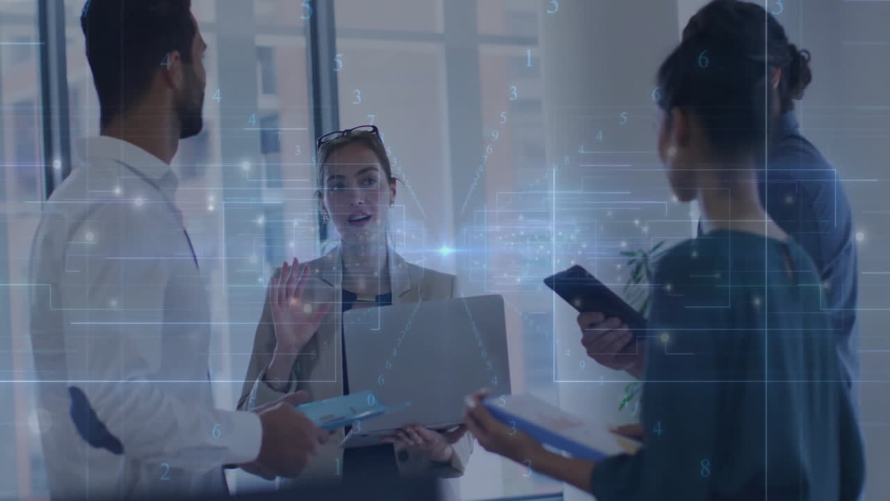 Discussing digital data, business team collaborating with animation overlay in office