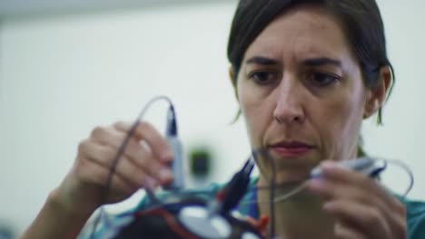focused researcher meticulously attaches sensors to a device in a laboratory, emphasizing the precision and dedication required in scientific experimentation.