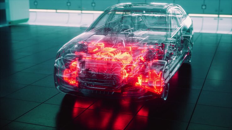transparent car with engine in laboratory