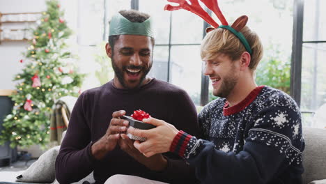 gay male couple at home exchanging gifts on christmas day together