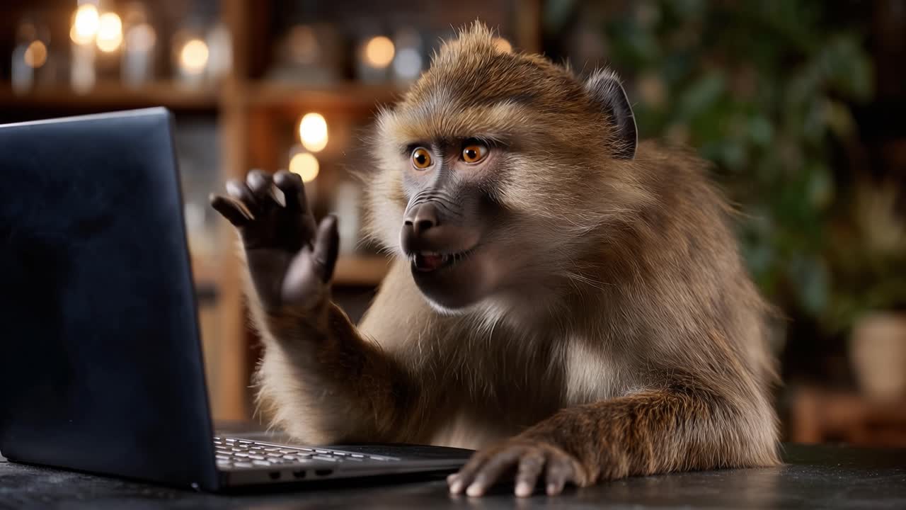 Macaco sentado em um laptop, digitando teclas com as patas. Ele acena, sorrindo, com os olhos arregalados de entusiasmo. Luzes bokeh quentes brilham suavemente ao fundo. Perfeito para conteúdo de negócios ou tecnologia com humor