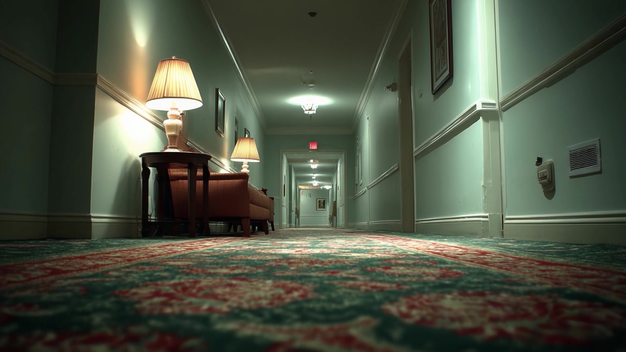 Un tranquillo corridoio d'hotel con illuminazione soffusa ed eleganti decorazioni: un sereno passaggio che mette in risalto la splendida moquette e gli invitanti mobili