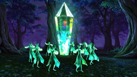 forest spirit dance around a glowing crystal