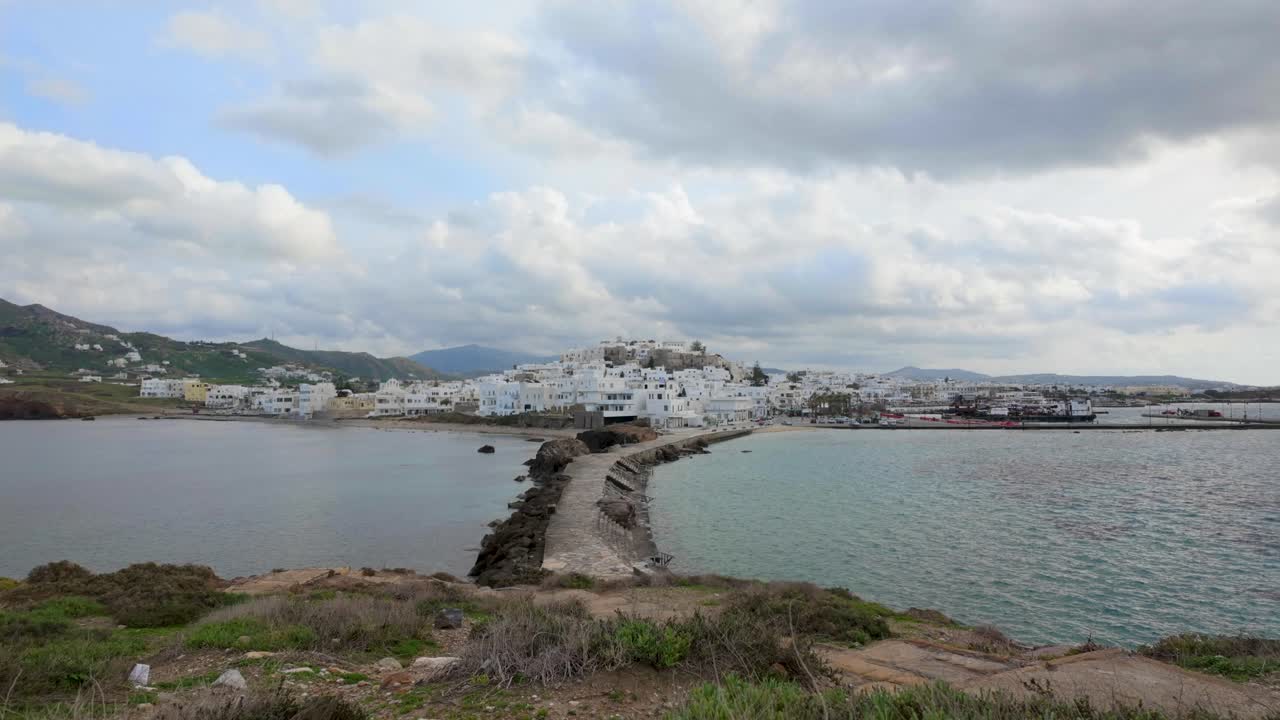 Timelapse view of the cityscape of Naxos island town, withe the castle and harbour