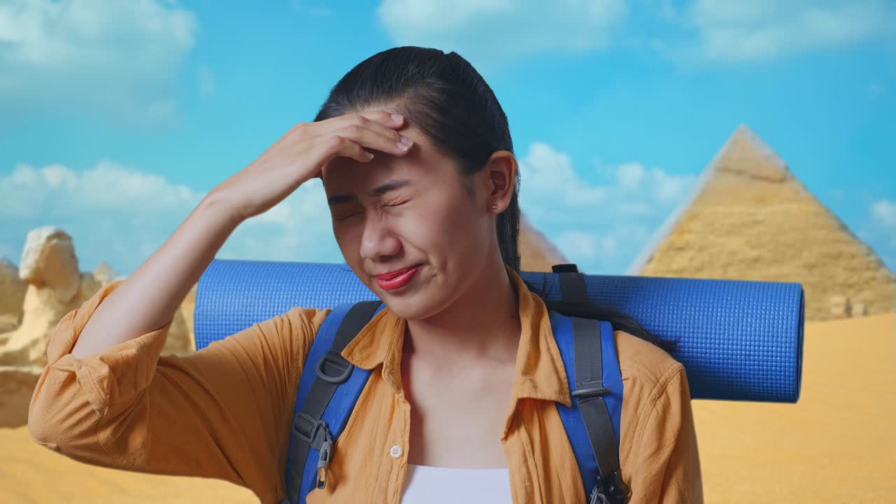 Close Up Of Asian Female Hiker With Mountaineering Backpack Having A Headache While Traveling In Pyramid Of Giza