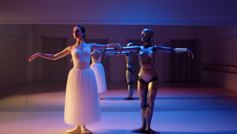 ballet dancers and robots in a dance studio