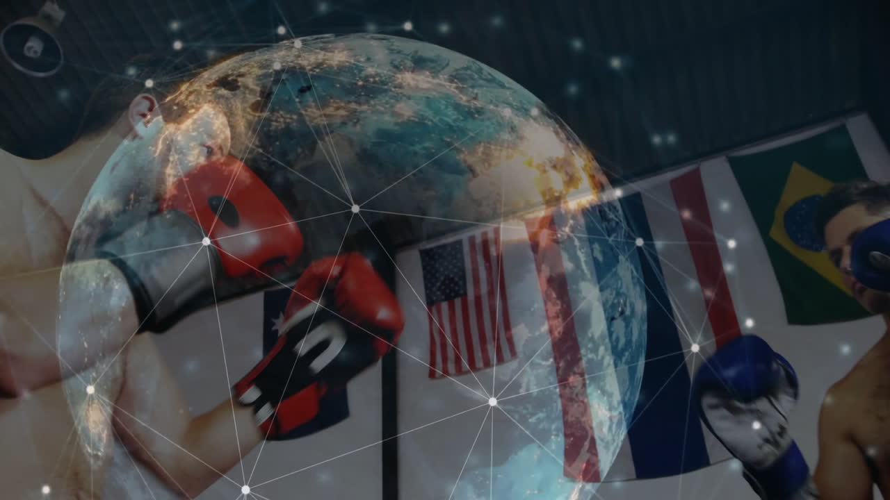Male boxers sparring in gym ring, showcasing sports technology digital globe overlay with nodes