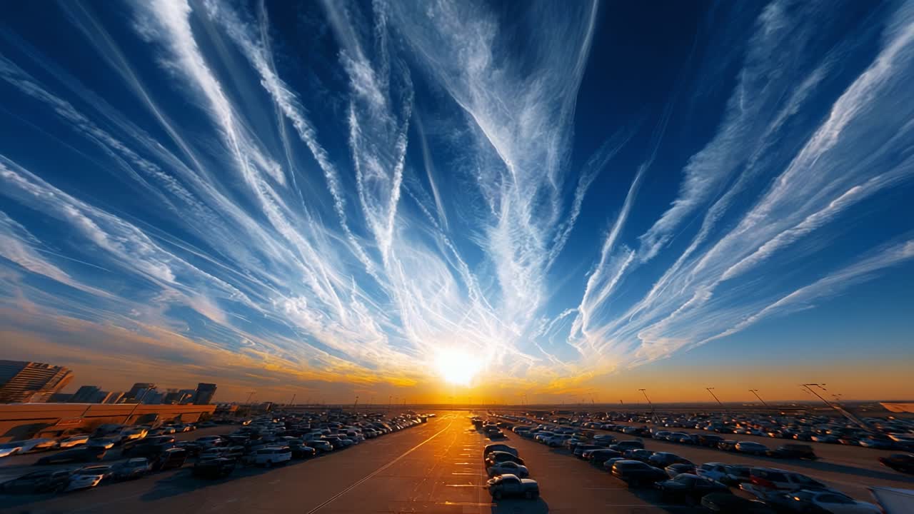 Breathtaking Sunset Over Urban Parking Lot with Striking Cloud Patterns Illuminated by Warm Colors and Vibrant Sky, Capturing the Essence of Evening Serenity and Natural Beauty