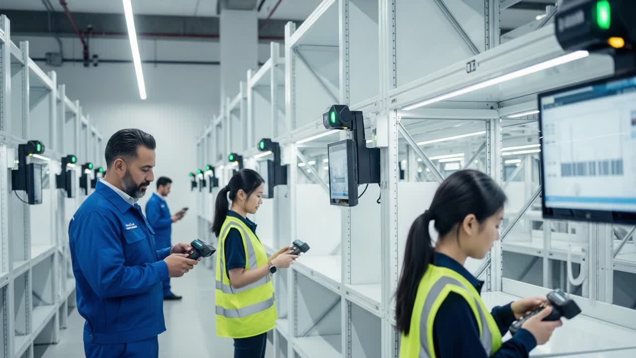 Efficient Warehouse Operations: Workers Utilizing Scanners and Monitors for Inventory Management in a Modern Industrial Space