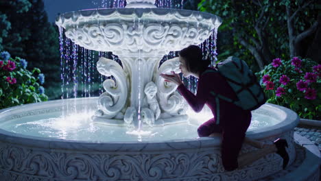 woman at a beautiful fountain at night