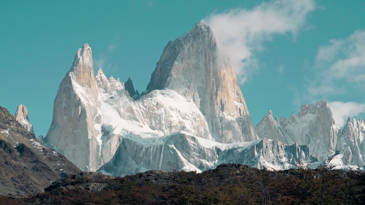 Stunning close-up view of the majestic, glacier-covered granite spires of Mount Fitz Roy (Cerro Fitz Roy) in Los Glaciares National Park, El Chaltén, the trekking capital of Patagonia